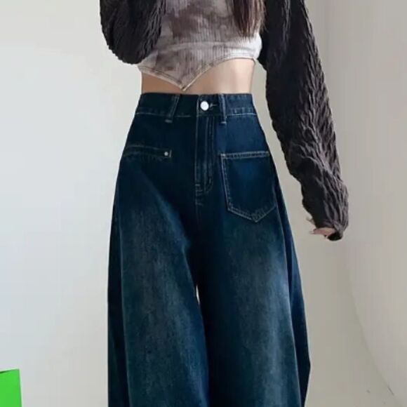 NEW Super Wide Leg Dark Blue Denim Jeans Elephant Legs Baggy Trendy Giant Flare - Picture 5 of 8